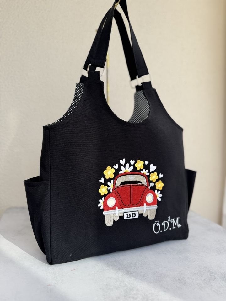 Siyah Vosvos Nakışlı Omuz Çantası