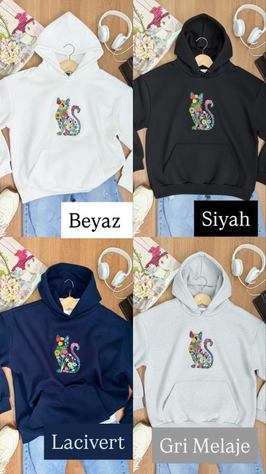 Oversize Kapüşonlu Çiçekli Kedi Nakışlı Sweatshırt
