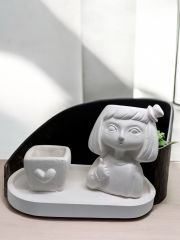 Şapkalı kız saksı, kalpli kutu ve tabak 3'lü set