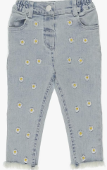 Papatya Nakışlı Denim Pantolon