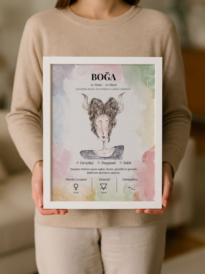 Boğa Burcu Poster – El Çizimi Suluboya Burç Tablosu