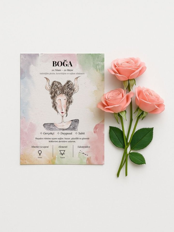 Boğa Burcu Poster – El Çizimi Suluboya Burç Tablosu