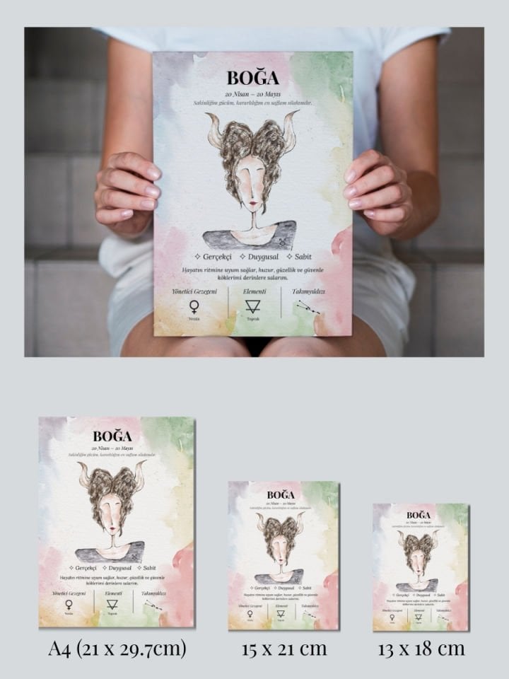 Boğa Burcu Poster – El Çizimi Suluboya Burç Tablosu