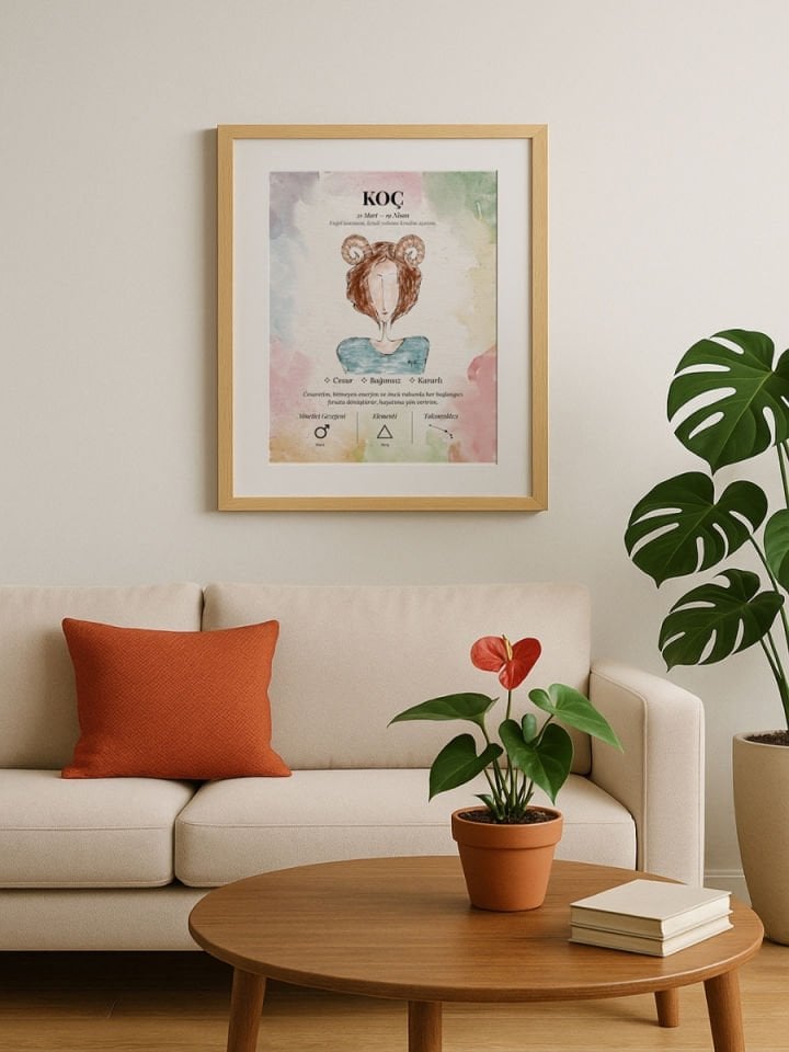 Koç Burcu Poster – El Çizimi Suluboya Burç Tablosu