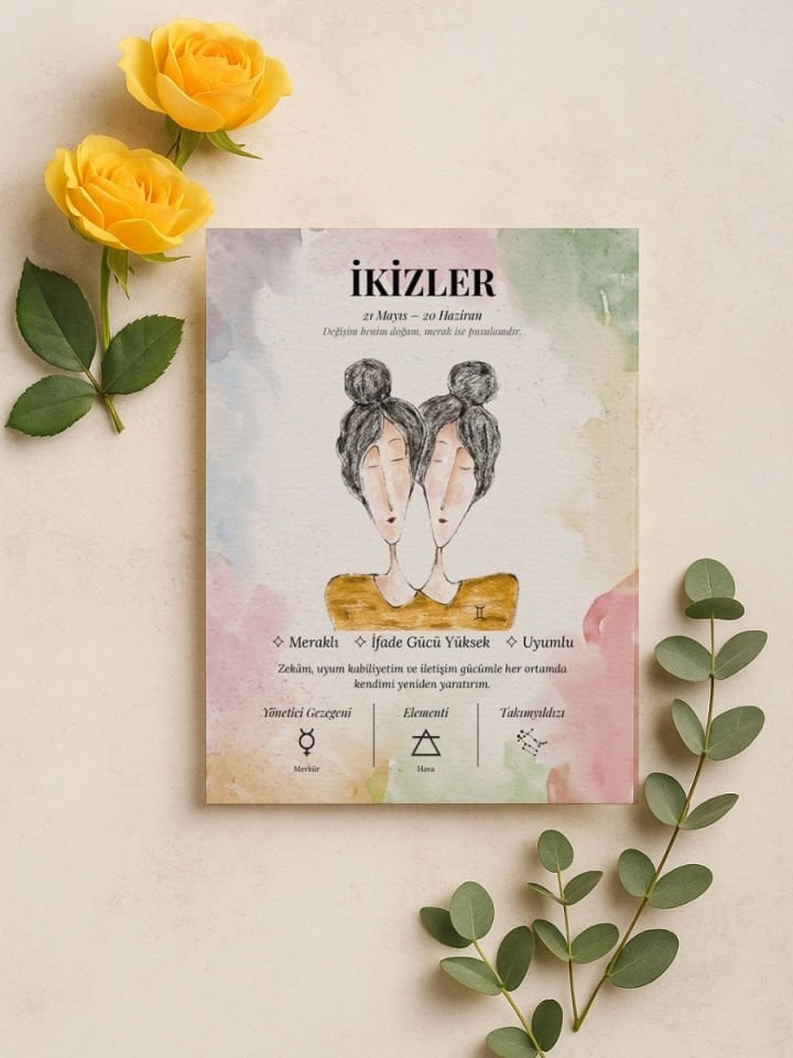 İkizler Burcu Poster – El Çizimi Suluboya Burç Tablosu
