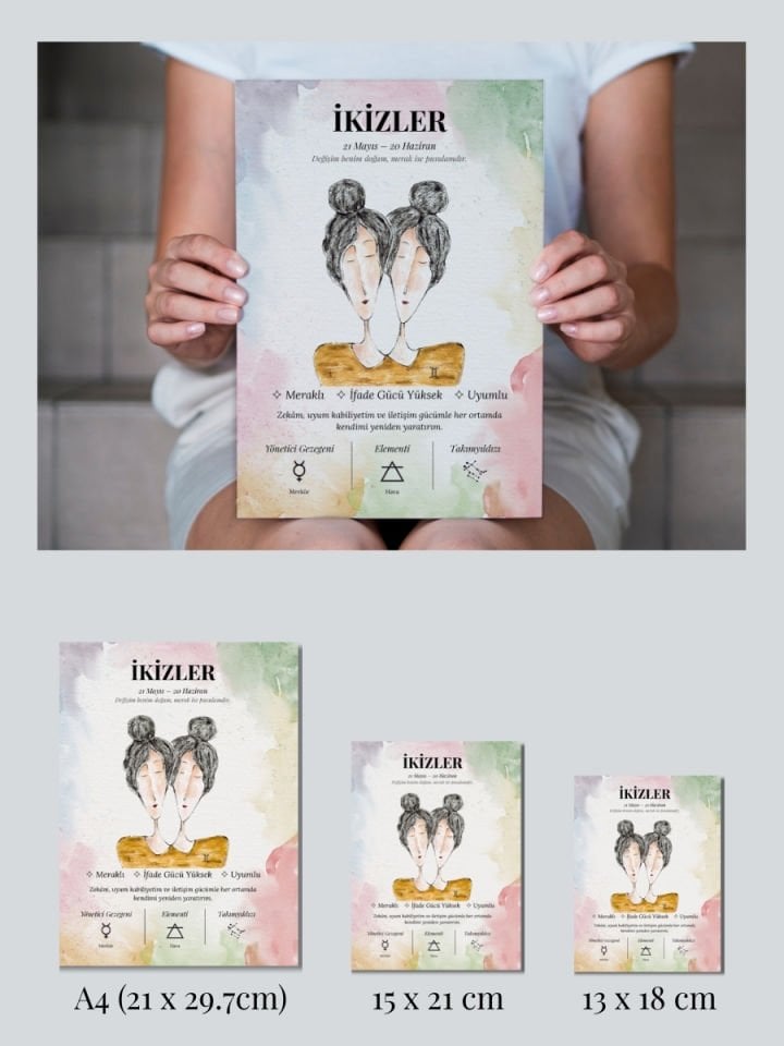 İkizler Burcu Poster – El Çizimi Suluboya Burç Tablosu