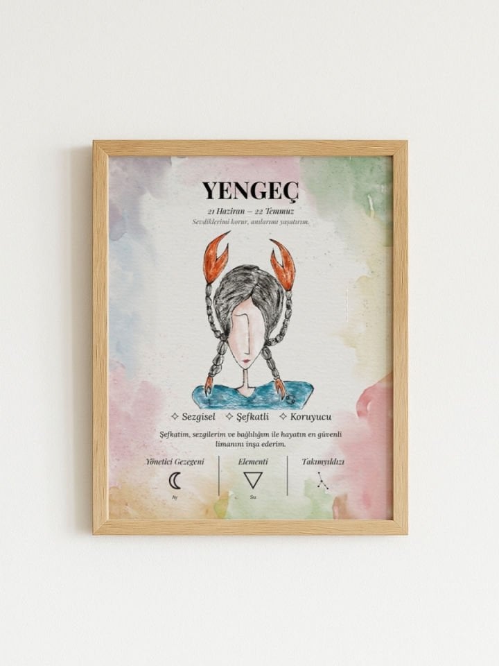 Yengeç Burcu Poster – El Çizimi Suluboya Burç Tablosu