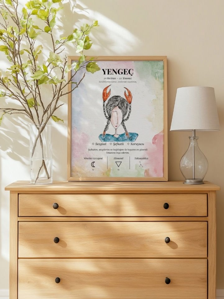 Yengeç Burcu Poster – El Çizimi Suluboya Burç Tablosu