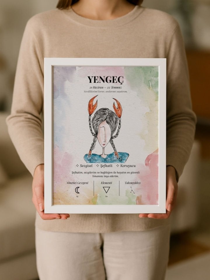 Yengeç Burcu Poster – El Çizimi Suluboya Burç Tablosu