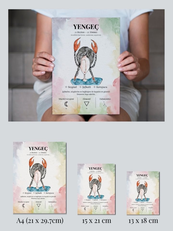 Yengeç Burcu Poster – El Çizimi Suluboya Burç Tablosu