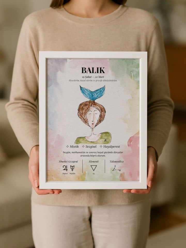 Balık Burcu Poster – El Çizimi Suluboya Burç Tablosu