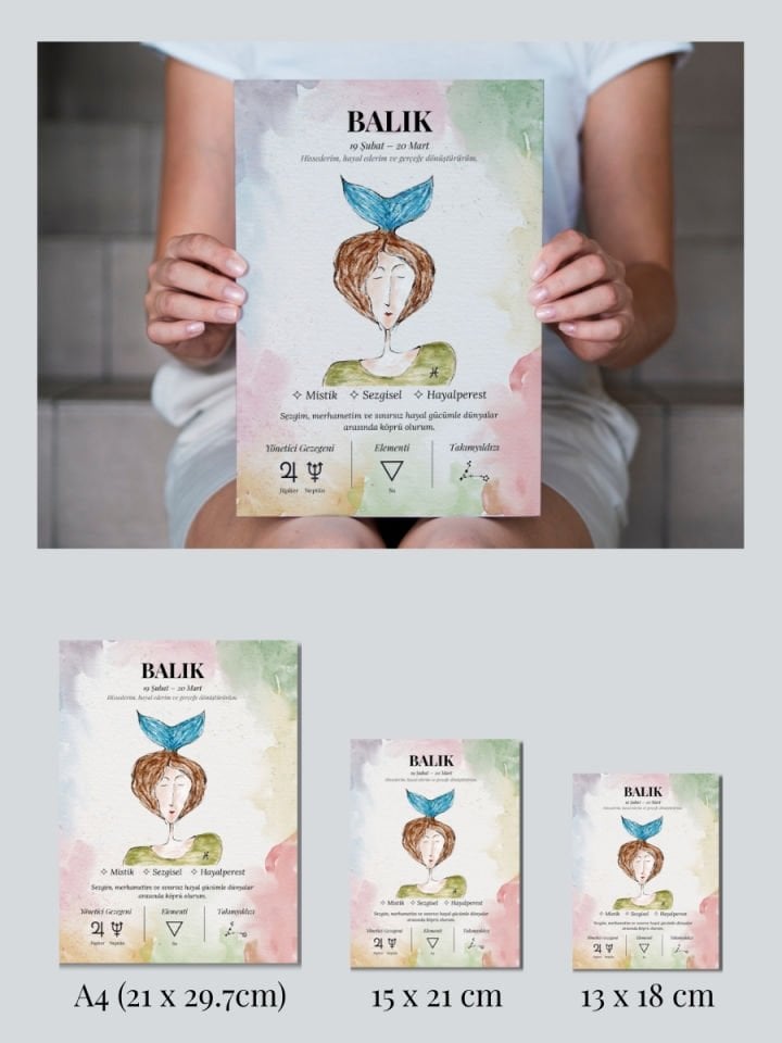 Balık Burcu Poster – El Çizimi Suluboya Burç Tablosu