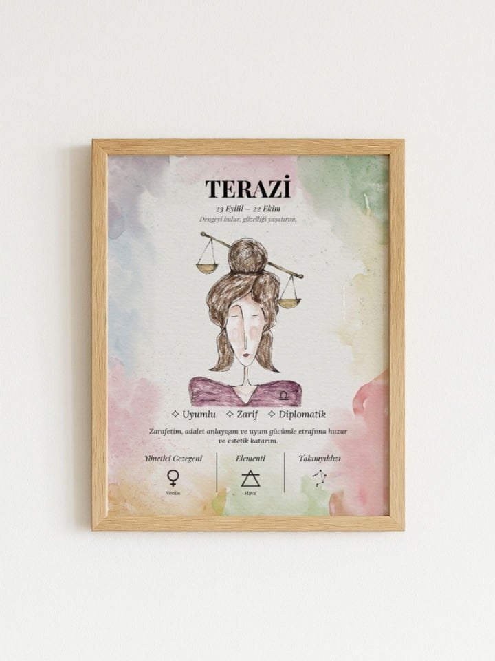 Terazi Burcu Poster – El Çizimi Suluboya Burç Tablosu