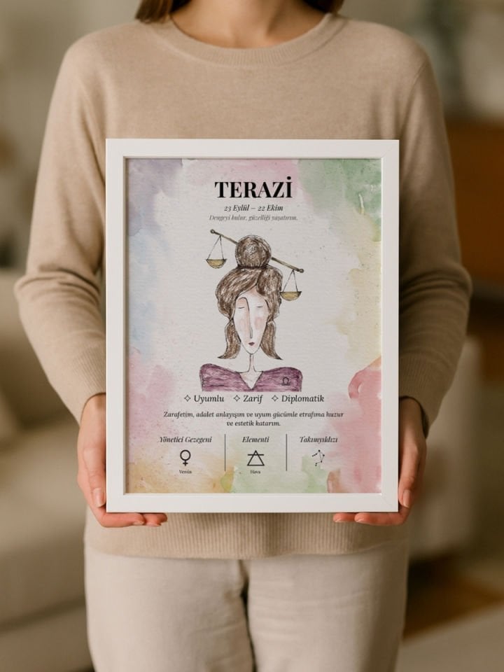 Terazi Burcu Poster – El Çizimi Suluboya Burç Tablosu