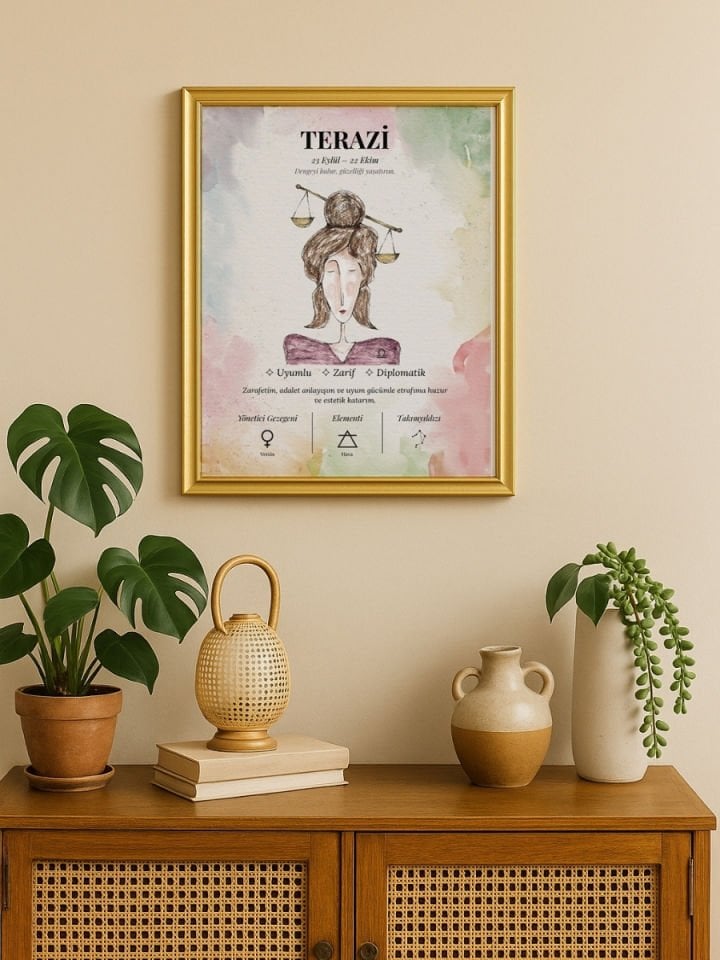 Terazi Burcu Poster – El Çizimi Suluboya Burç Tablosu
