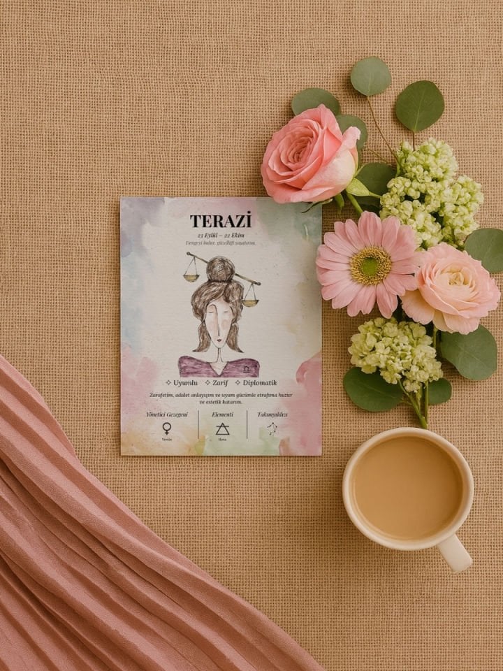 Terazi Burcu Poster – El Çizimi Suluboya Burç Tablosu