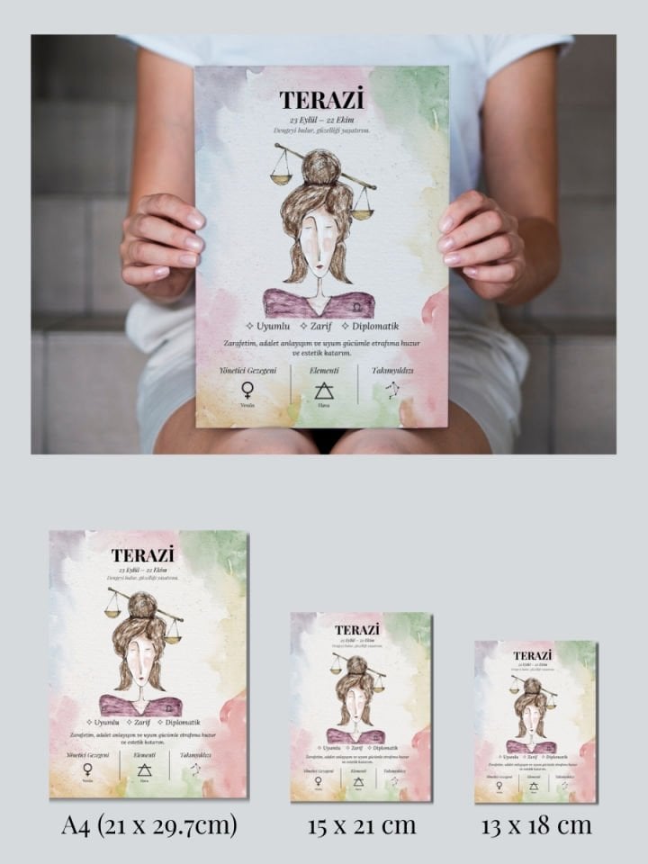 Terazi Burcu Poster – El Çizimi Suluboya Burç Tablosu