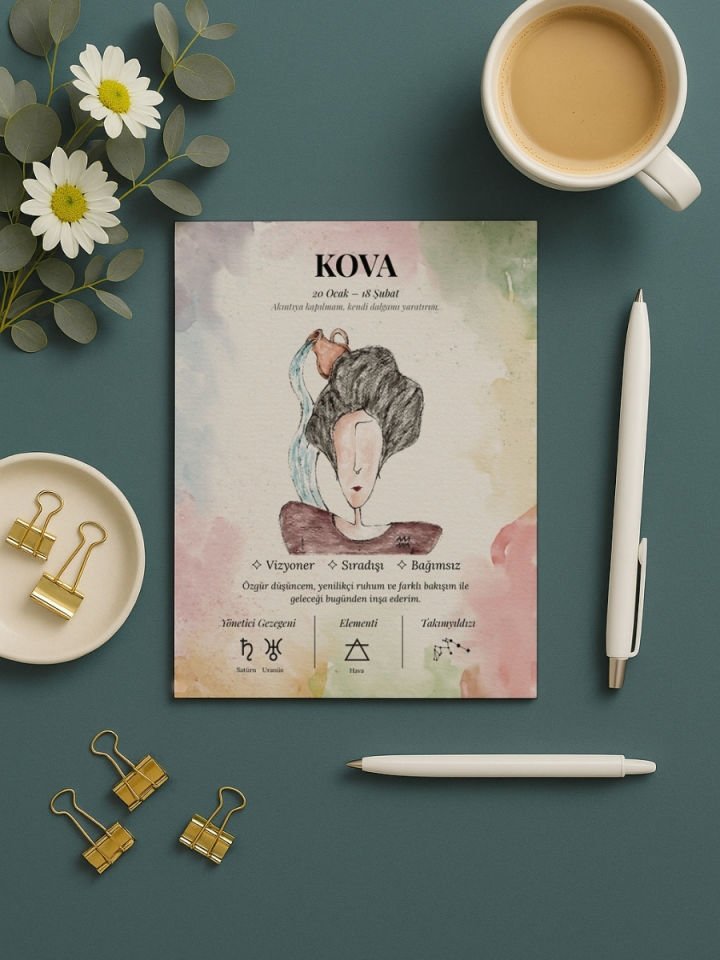 Kova Burcu Poster – El Çizimi Suluboya Burç Tablosu