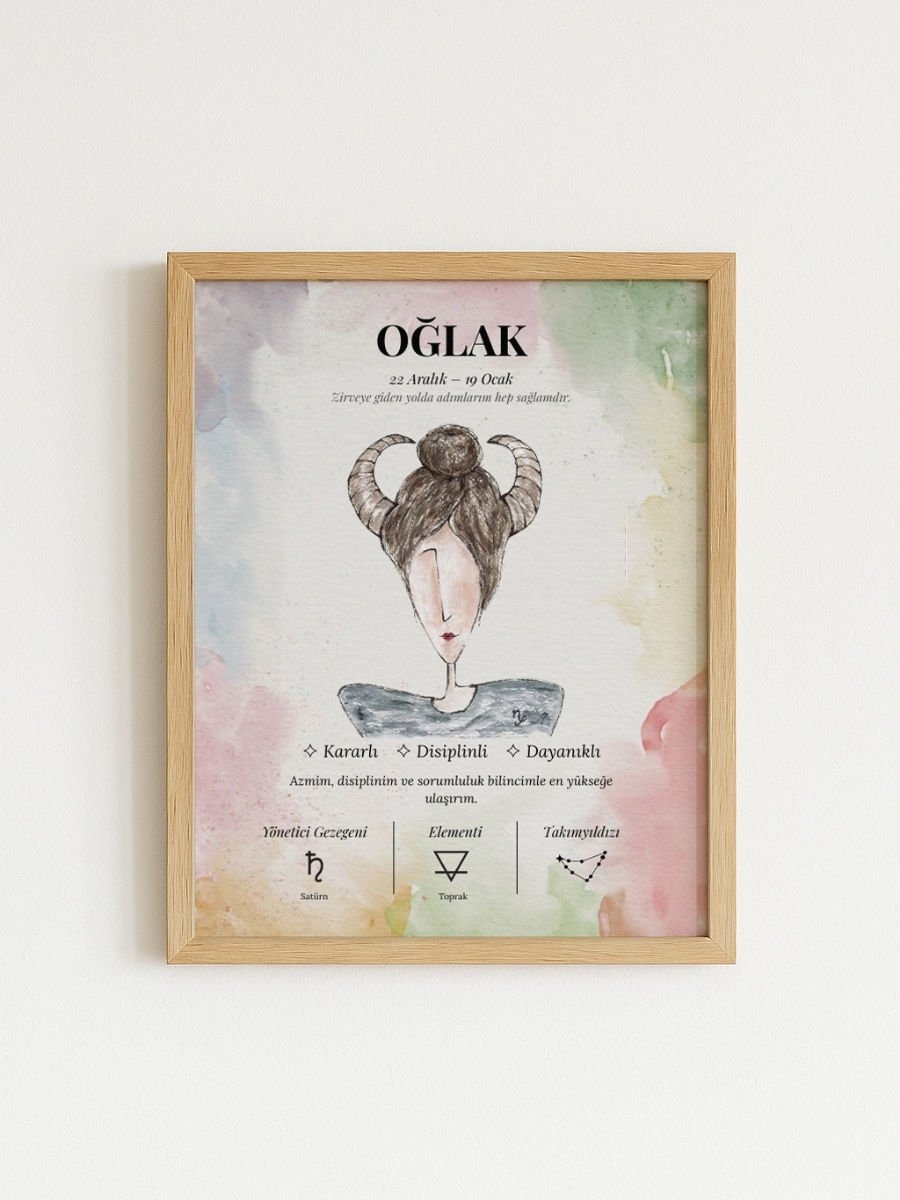 Oğlak Burcu Poster – El Çizimi Suluboya Burç Tablosu