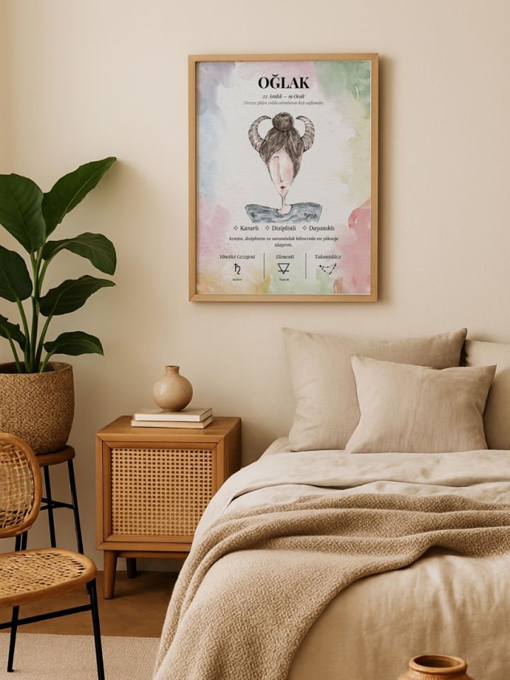 Oğlak Burcu Poster – El Çizimi Suluboya Burç Tablosu
