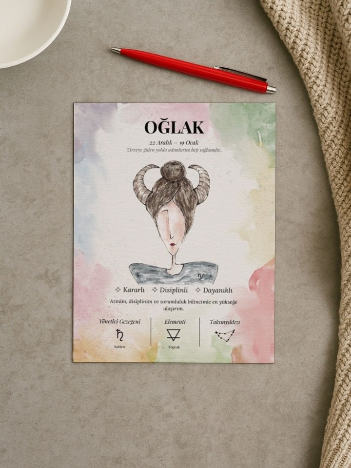 Oğlak Burcu Poster – El Çizimi Suluboya Burç Tablosu