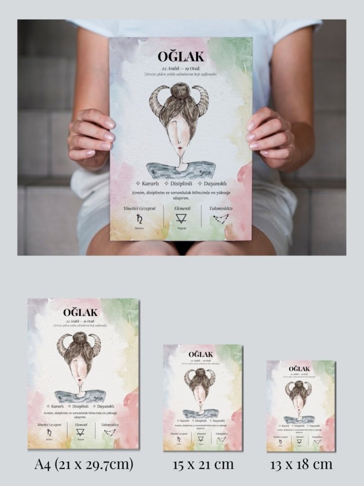 Oğlak Burcu Poster – El Çizimi Suluboya Burç Tablosu