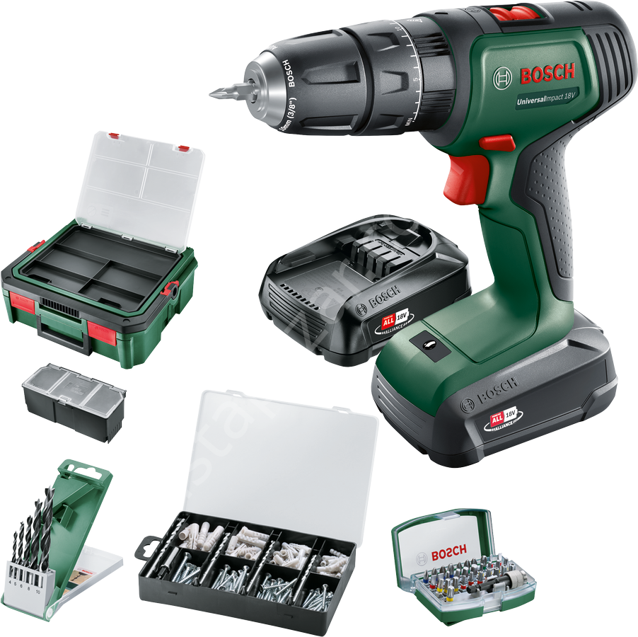 Bosch UniversalImpact 18V (2x 1,5Ah) Akülü Darbeli/Delme Vidalama Makinesi + 210 parça set + Systembox S 06039D4107