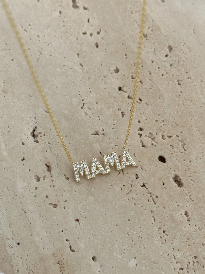 925 Gümüş | Taşlı Mama Yazılı Kolye