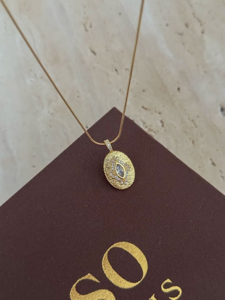Çelik | Vintage Oval Taşlı Kolye