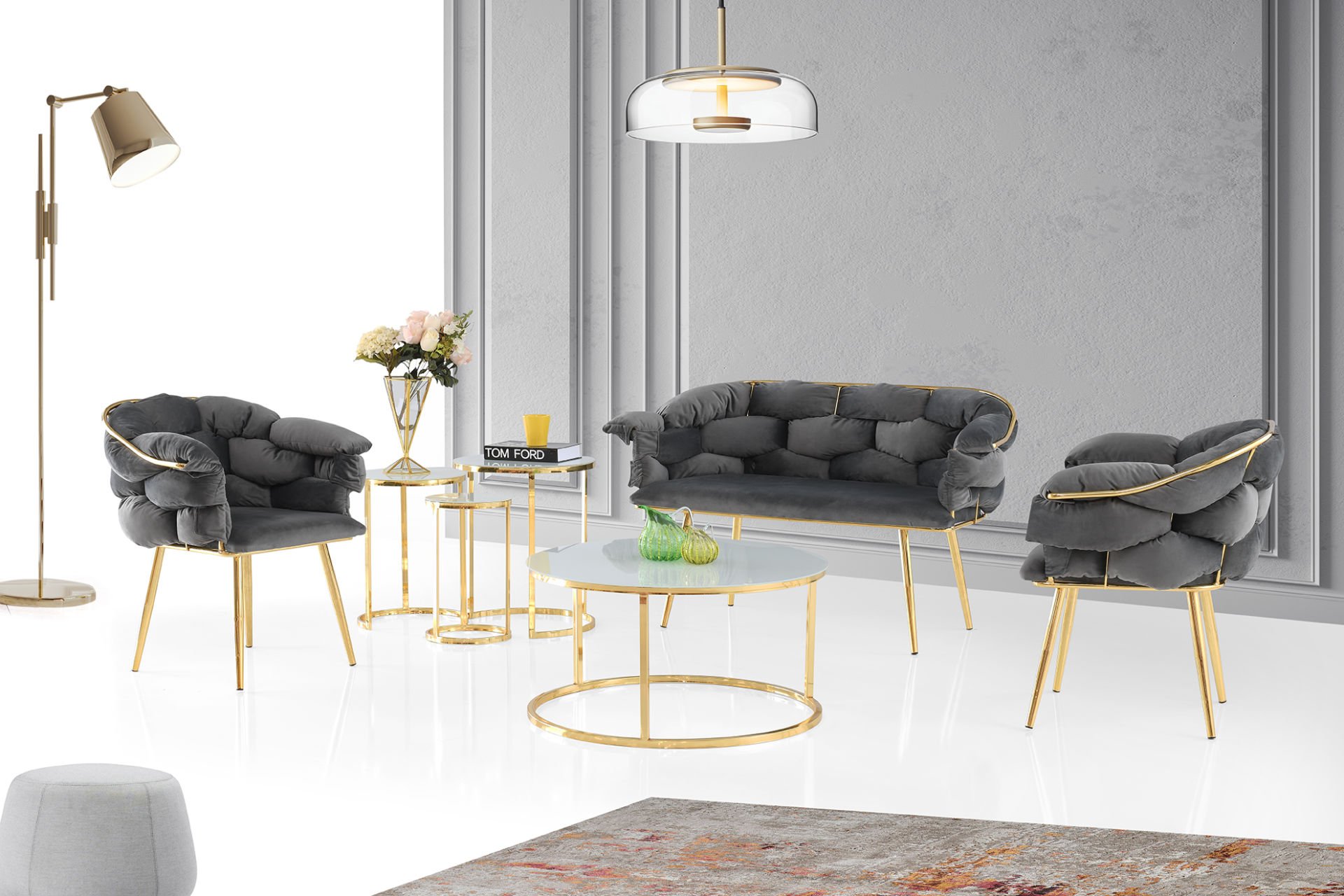 Balon Çay Seti Gri - Gold SARI