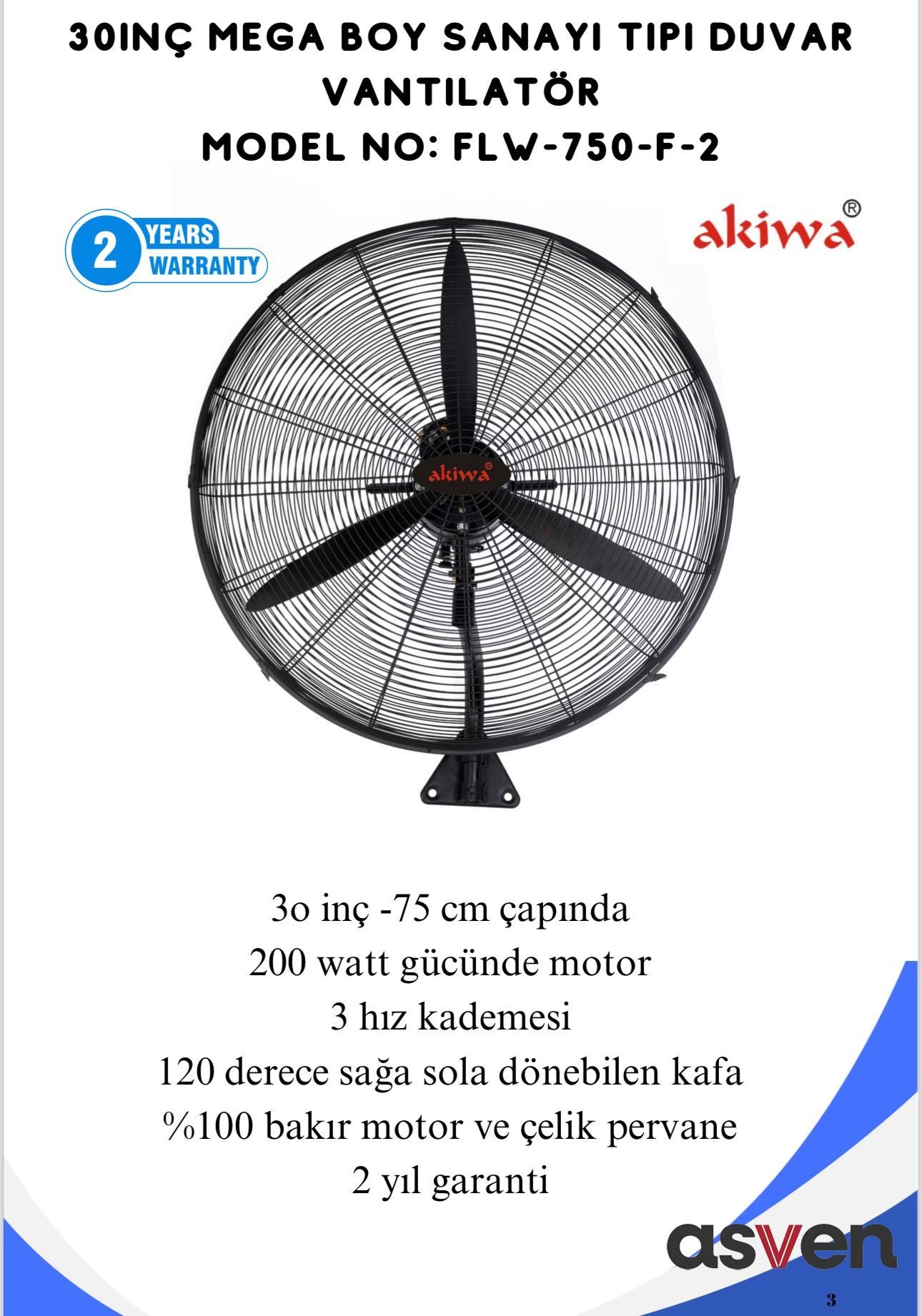 Akiwa İstoç Toptan Vantilatör 30 İnch 10 Adet