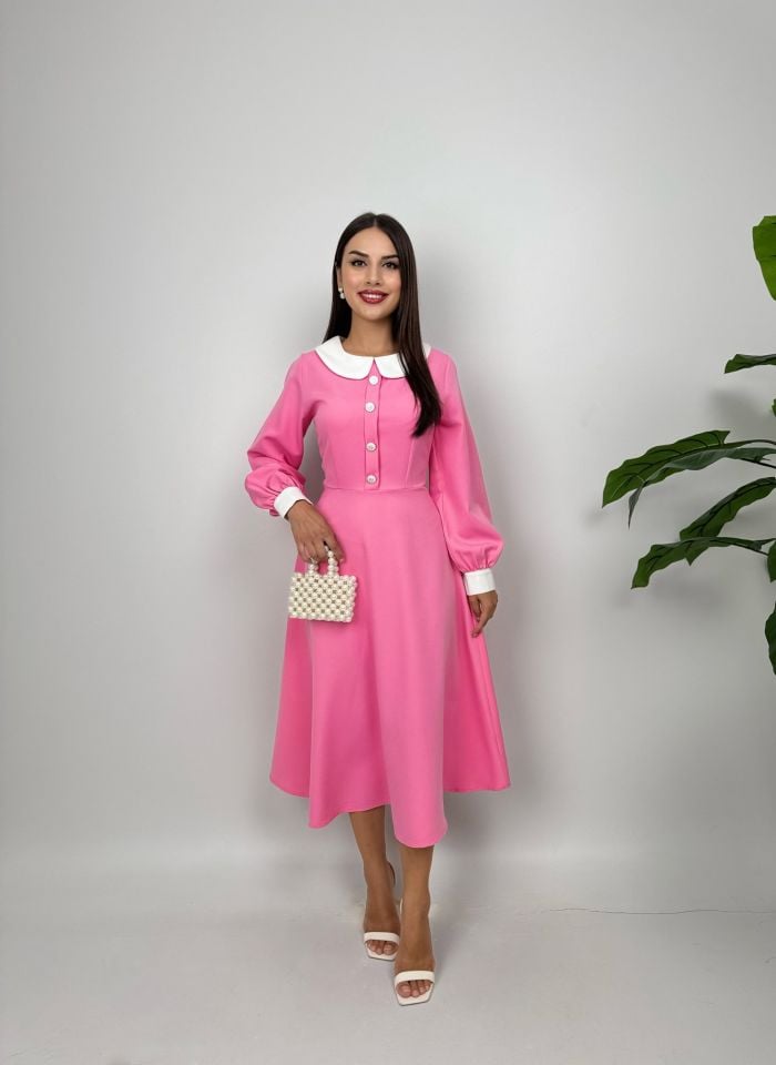 015_1001 MİDİ BEBE YAKA ELBİSE PİNK - PEMBE