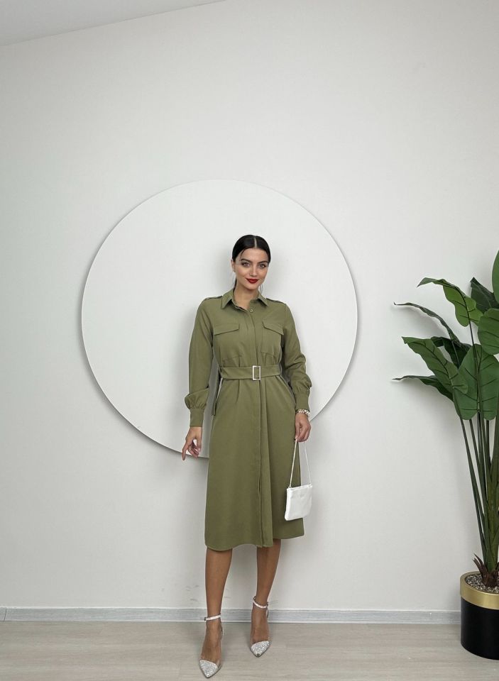 037_1012 CEPLİ BAĞLAMALI ELBİSE KHAKİ - HAKİ