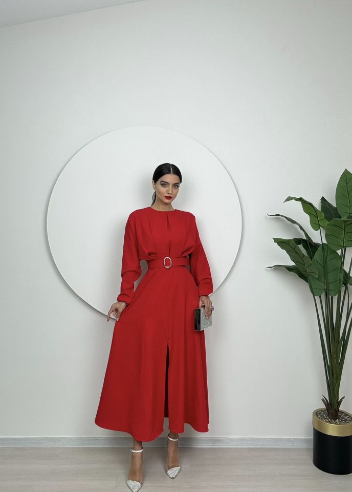 003_1017 PİLELİ KEMERLİ UZUN ELBİSE RED - KIRMIZI