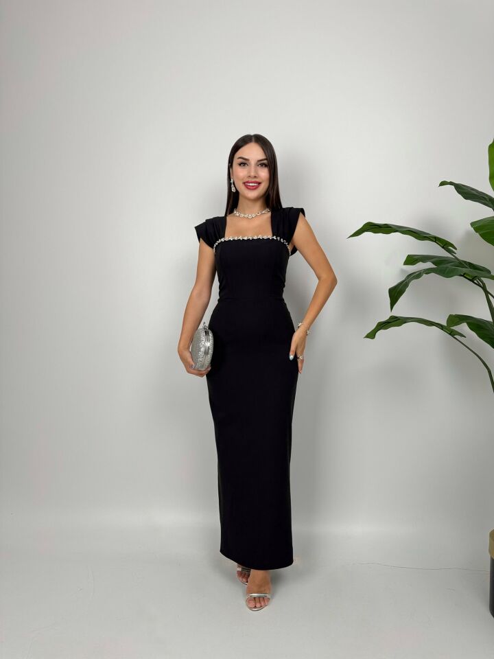 1022 GÖGÜS ELİŞİ DETAY ELBİSE BLACK - SİYAH