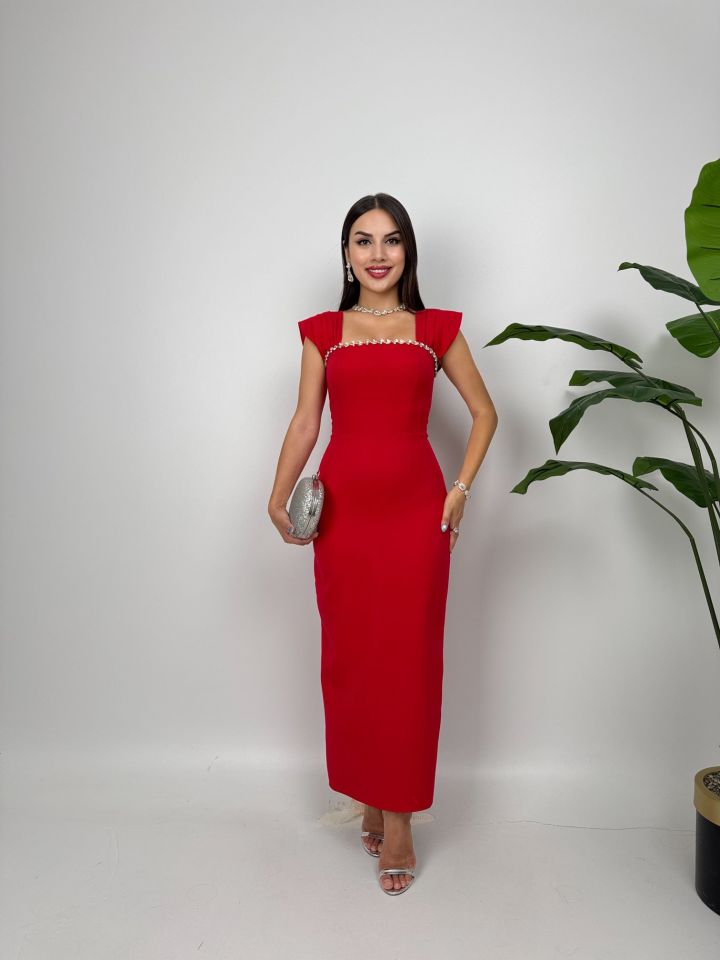 1022 GÖGÜS ELİŞİ DETAY ELBİSE RED - KIRMIZI