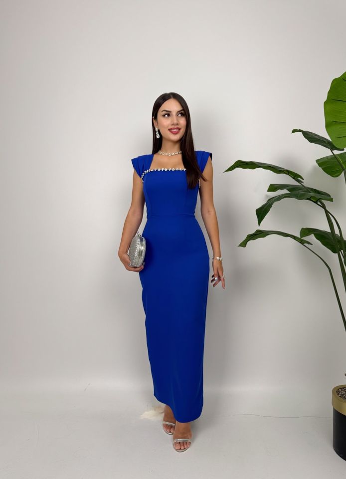 1022 GÖGÜS ELİŞİ DETAY ELBİSE SAXE - SAX