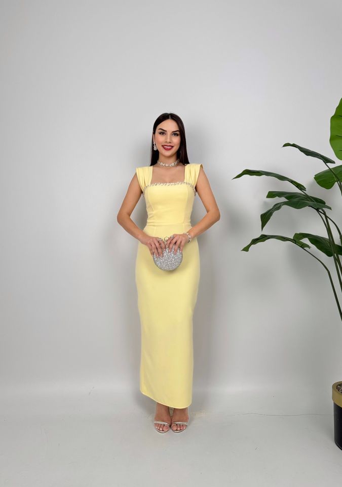1022 GÖGÜS ELİŞİ DETAY ELBİSE YELLOW - SARI