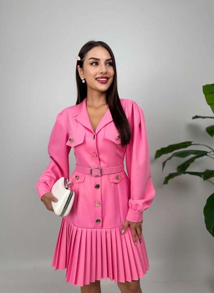 015_1023 PLİSELİ KISA ELBİSE PİNK - PEMBE