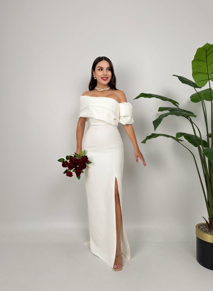 032_1035 GÖGÜS SATEN ELBİSE WHİTE - BEYAZ