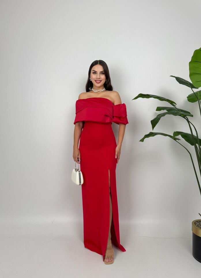 032_1035 GÖGÜS SATEN ELBİSE RED - KIRMIZI