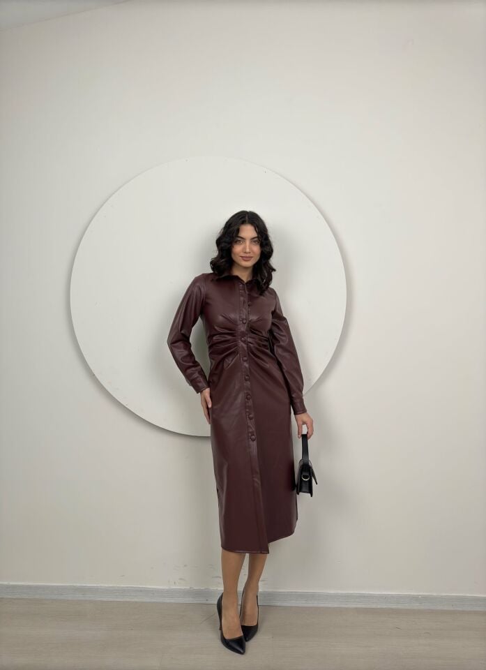 1057 ZARA LİNE DERİ ELBİSE BURGUNDY - BORDO