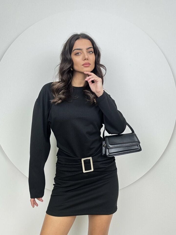 001_1062 ÖRME TOKALI MİNİ DAR ELBİSE BLACK - SİYAH