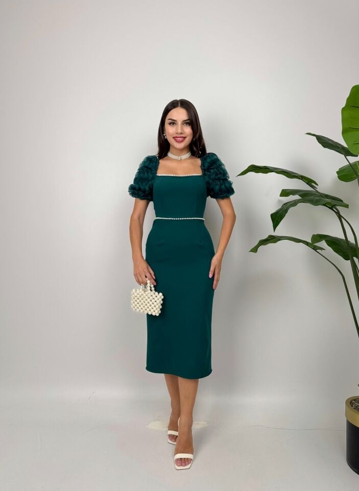 012_2051 KOLLAR İTHAL KUMAŞ İNCİ DEYAT ELBİSE EMERALD GREEN - ZÜMRÜT YEŞİLİ