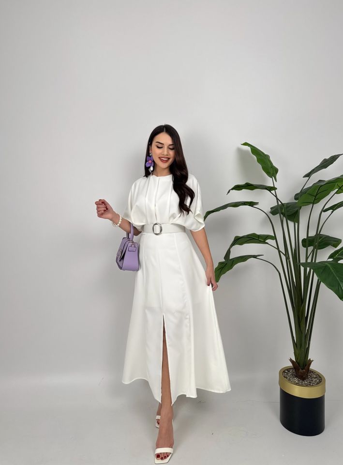 2056 ATLAS KUMAŞ KEMERLİ ELBİSE WHİTE - BEYAZ