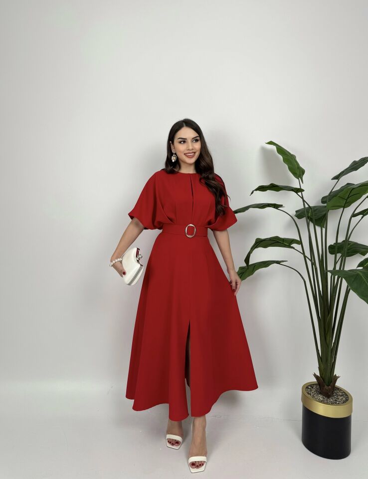 2056 ATLAS KUMAŞ KEMERLİ ELBİSE RED - KIRMIZI