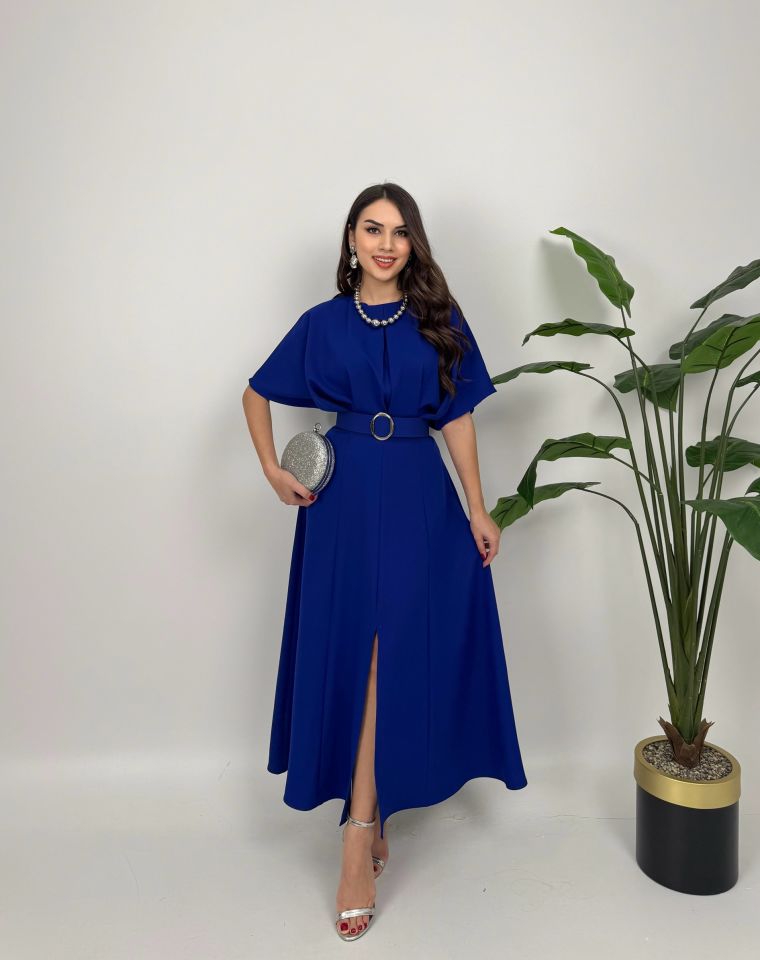 2056 ATLAS KUMAŞ KEMERLİ ELBİSE SAXE - SAX