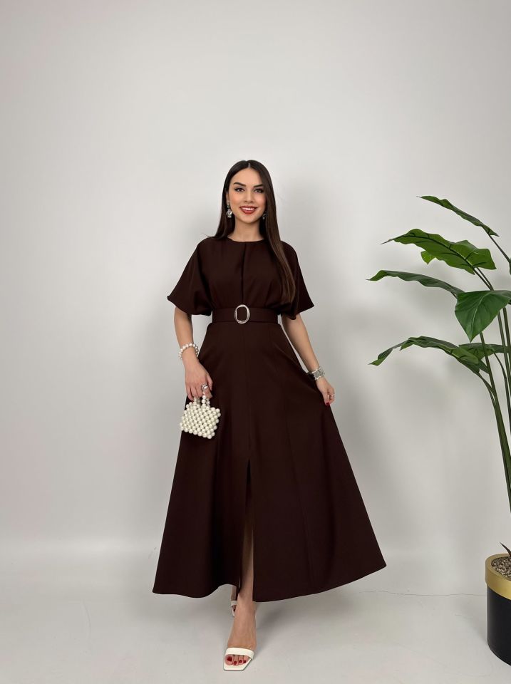 2056 ATLAS KUMAŞ KEMERLİ ELBİSE BROWN - KAHVE