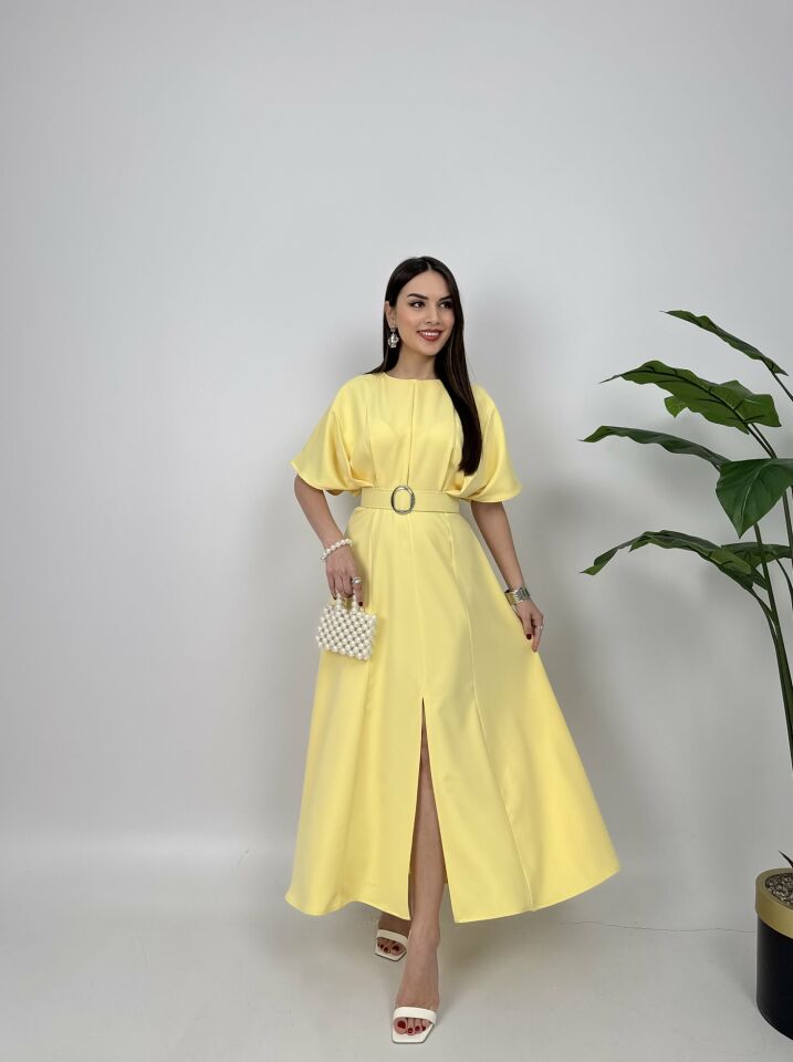 2056 ATLAS KUMAŞ KEMERLİ ELBİSE YELLOW - SARI
