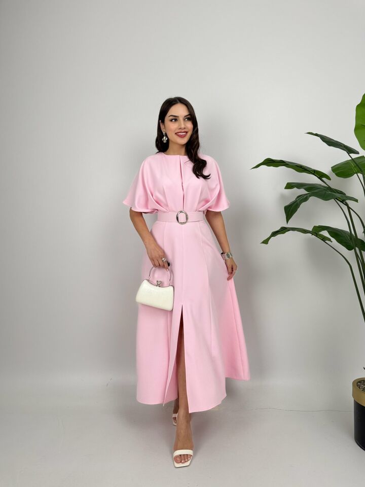 2056 ATLAS KUMAŞ KEMERLİ ELBİSE PİNK - PEMBE